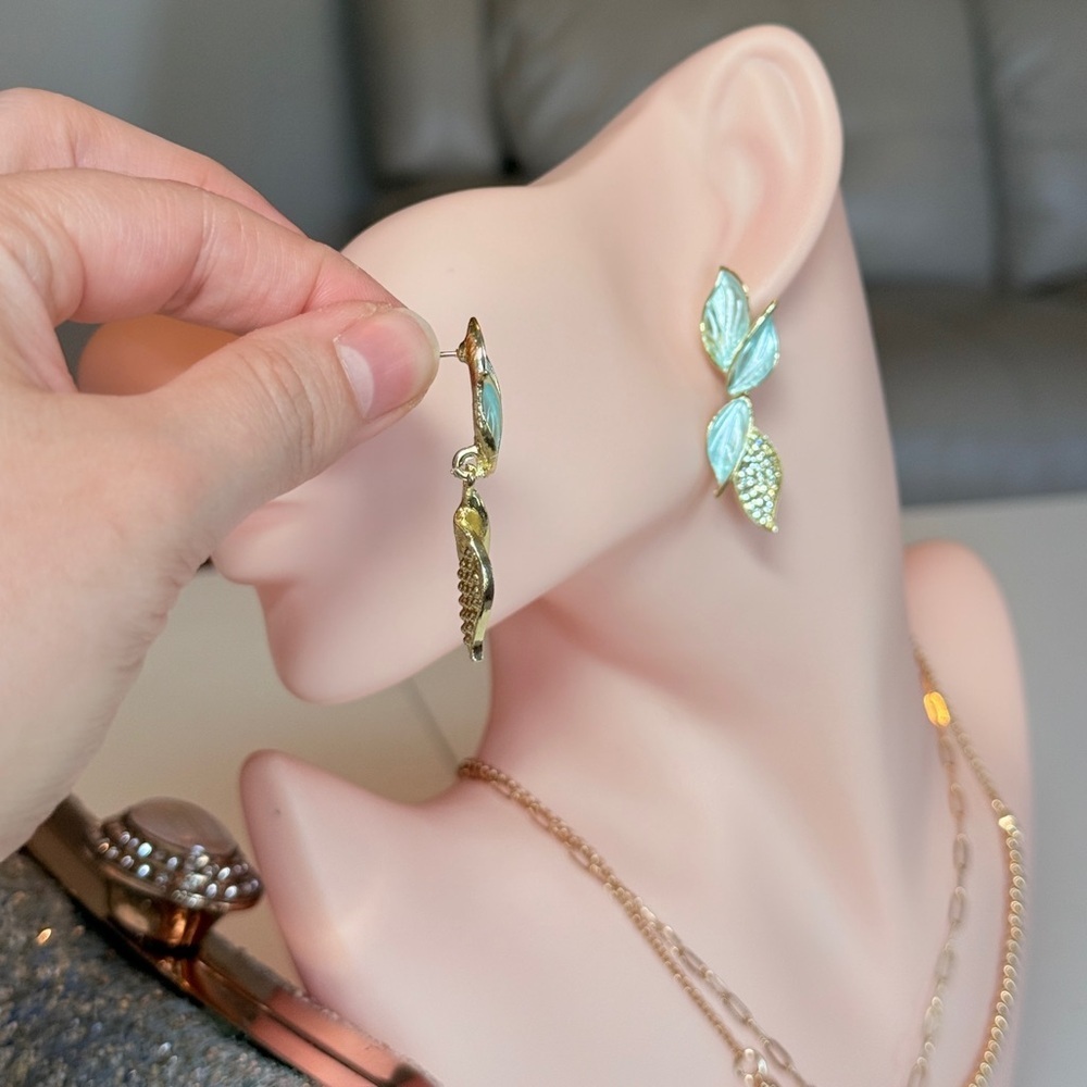 Gold Aqua Leaf Drop Earrings with Crystals - Picture 5 of 10
